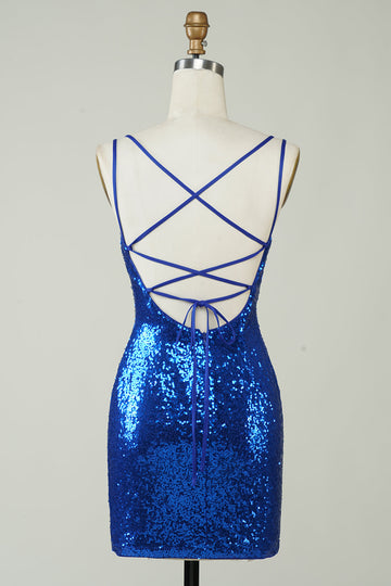 Royal Blue Tight Sequins Backless Graduation Dress